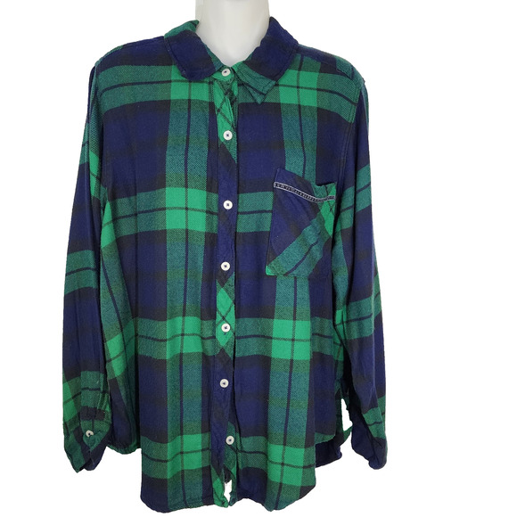 Aerie Sleepwear PJ Shirt Large Blue Green Long Sleeve Plaid Button Front Flannel - Picture 1 of 11